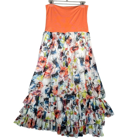 Lapis Dresses & Skirts - Lapis Strapless Maxi Dress Orange Top Floral Ruffle Skirt Size L